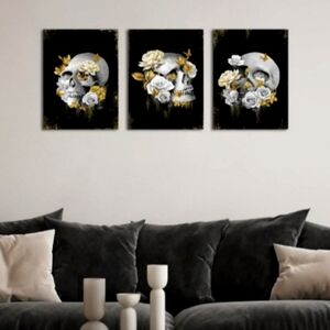 Skulls and Roses Gallery Wrapped Set 3 Canvas Big Art Gothic Rose Goth Skull New